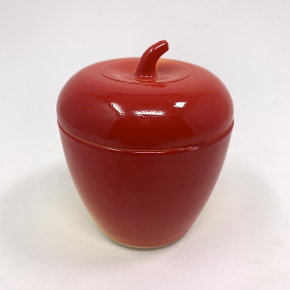 Vintage Hazel Atlas 4" Apple Milk Glass Jam Jar With Lid - Red and Yellow - Picture 2 of 12